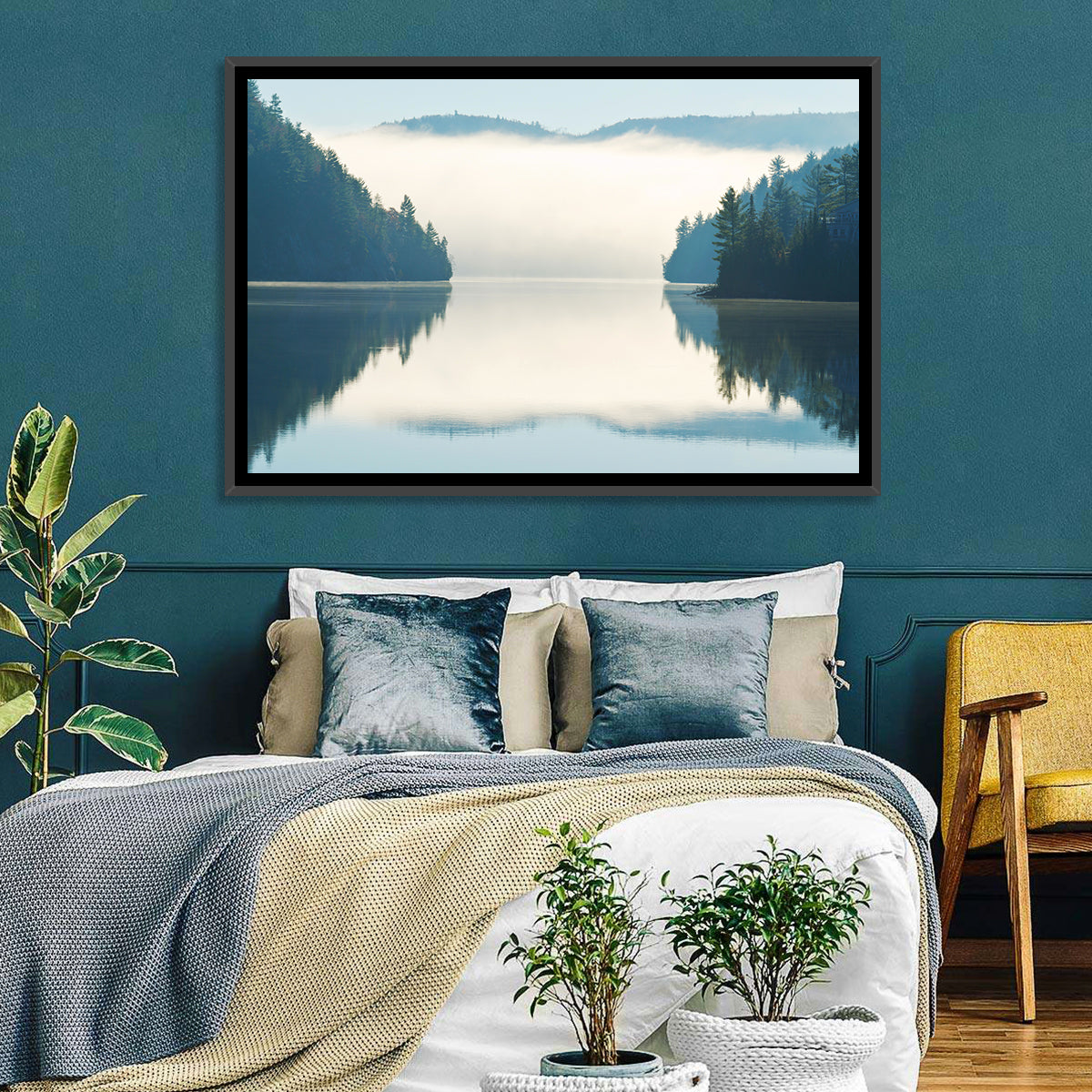 Foggy Lake Morning Wall Art in a room, landscape