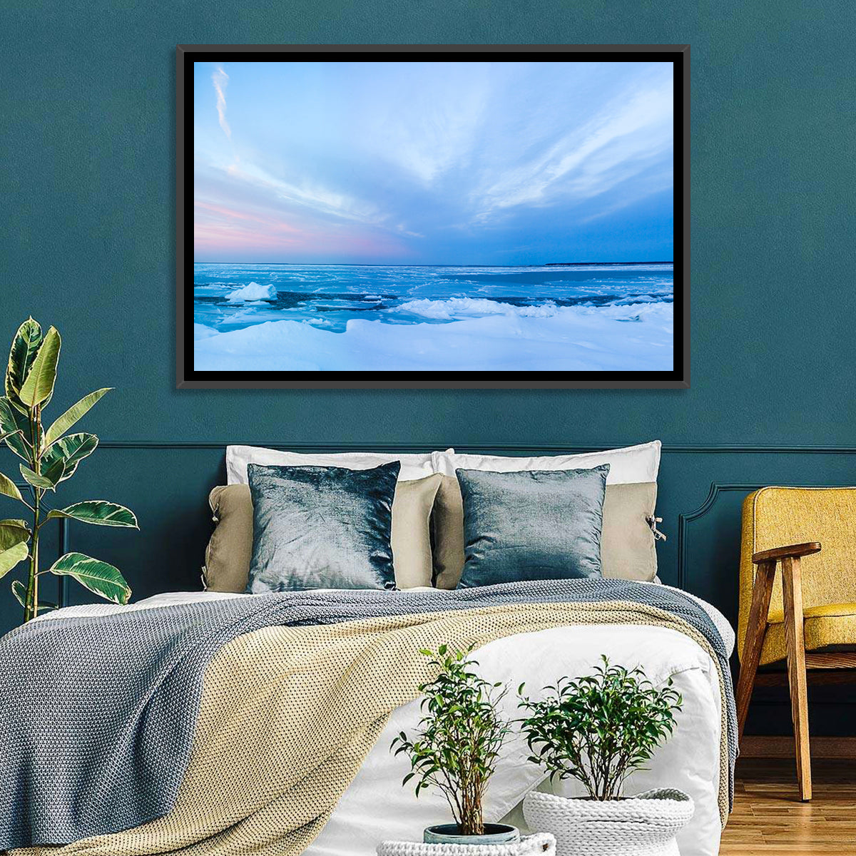 Frozen Blue Seascape Wall Art in a room, landscape