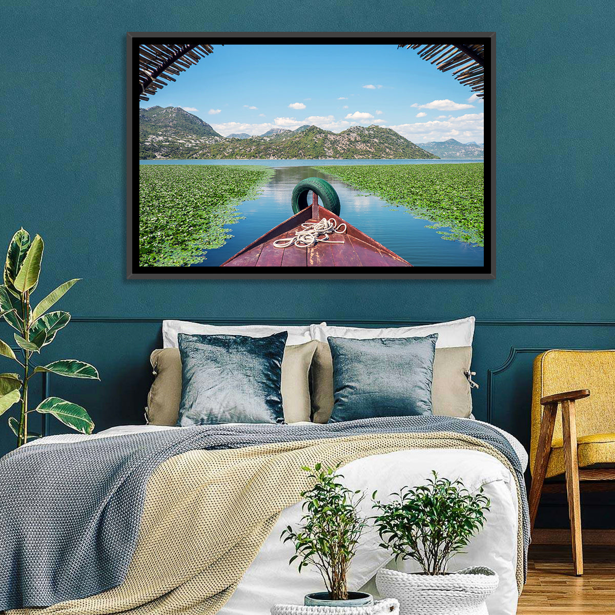 Bow of a Boat at Shkodra Lake Wall Art in a room, landscape