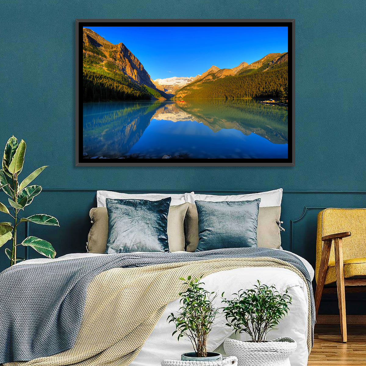 Lake Louise Canoe Reflection Wall Art in a room, landscape