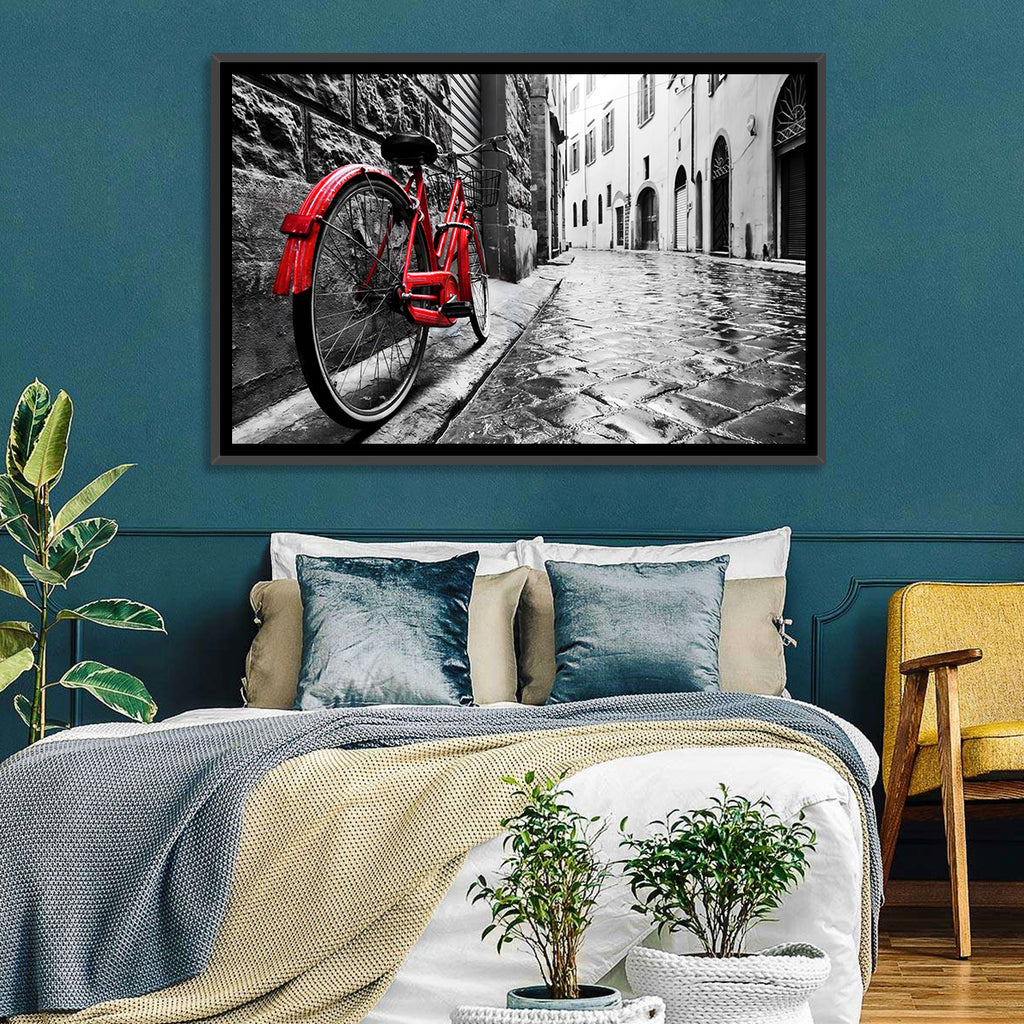 Red Bicycle on Rainy Cobblestone Street Wall Art