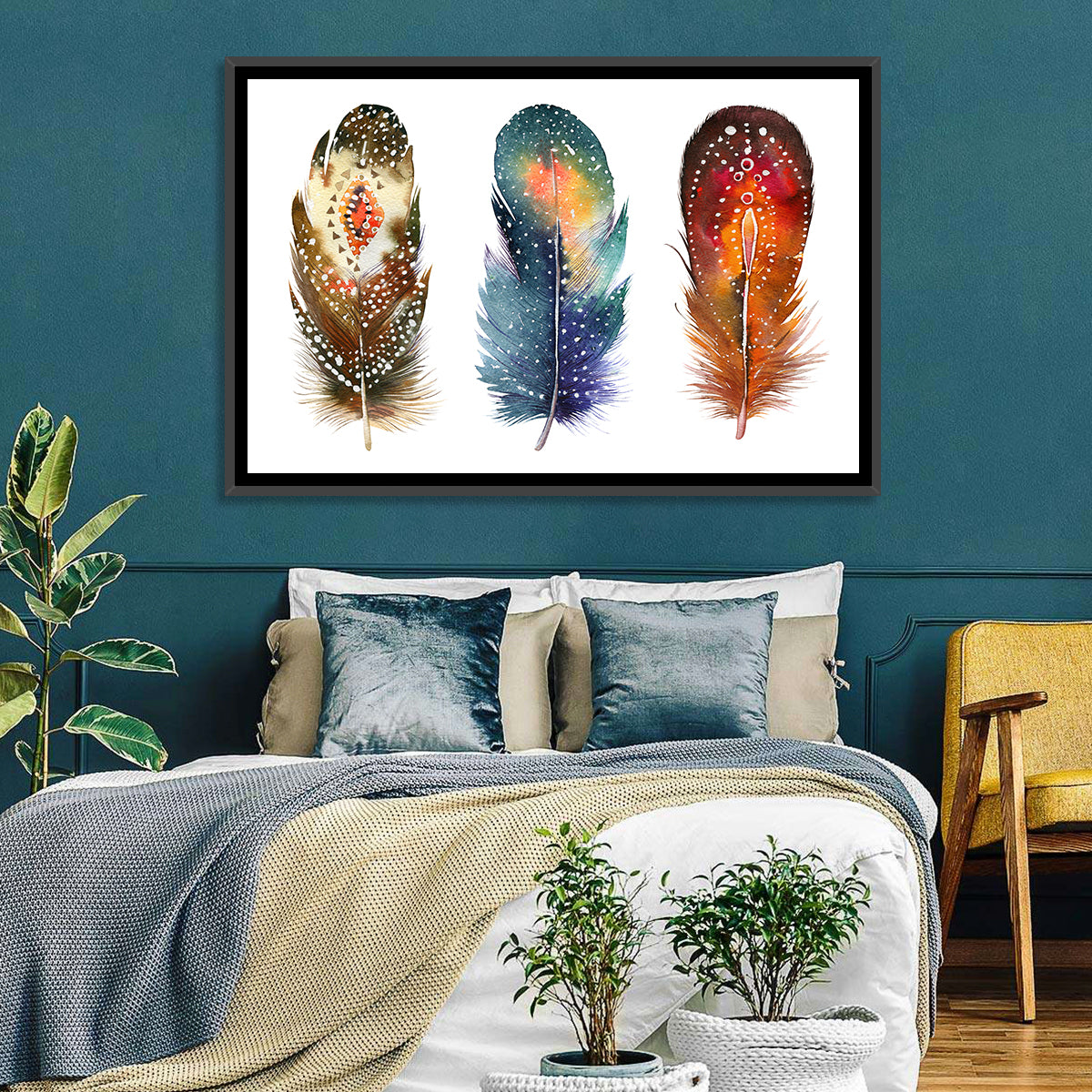 Boho Watercolor Feather Trio Wall Art in a room, landscape