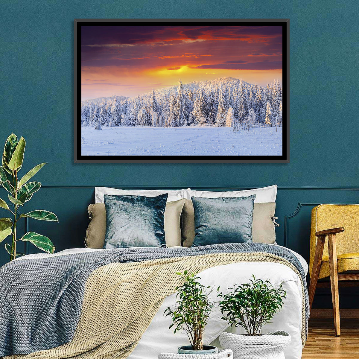 Snowy Forest Sunset Wall Art in a room, landscape