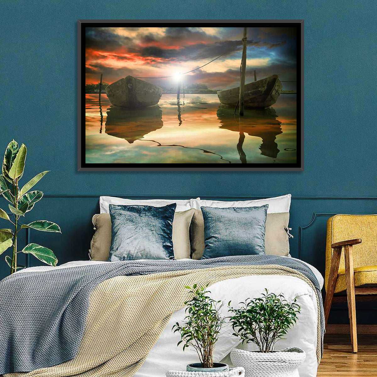 Two Wooden Boats at Sunset Wall Art in a room, landscape