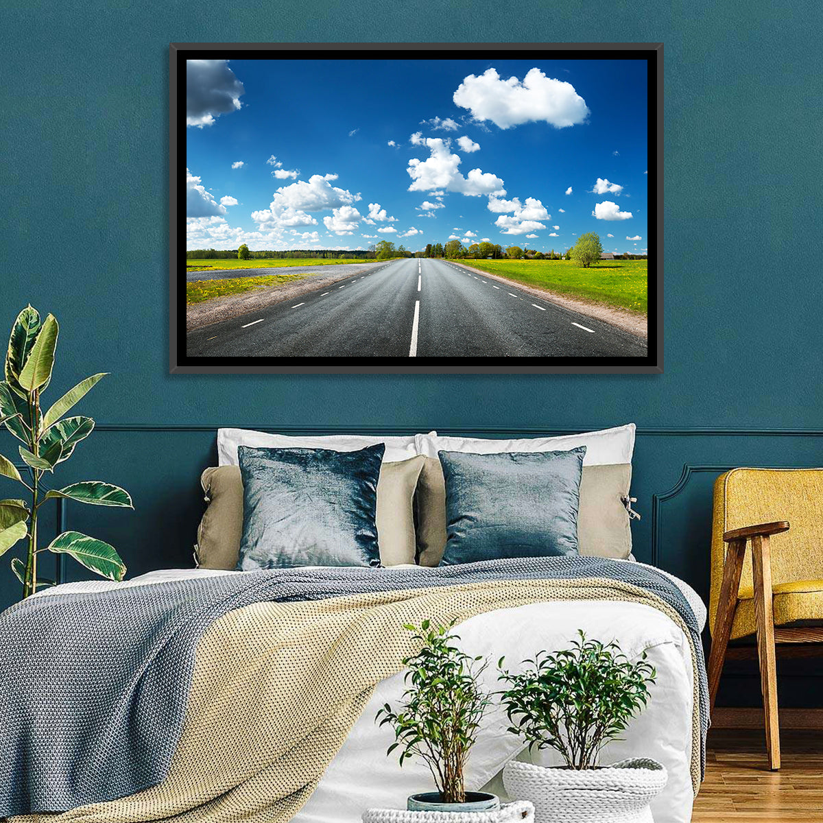 Asphalt Road Through Meadow Wall Art in a room, landscape