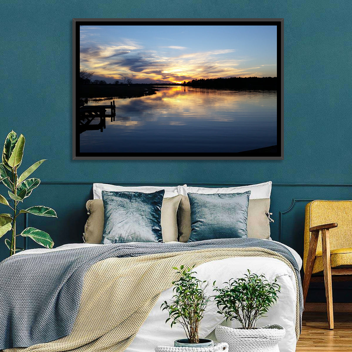 Lake Palestine Pier at Sunset Wall Art in a room, landscape
