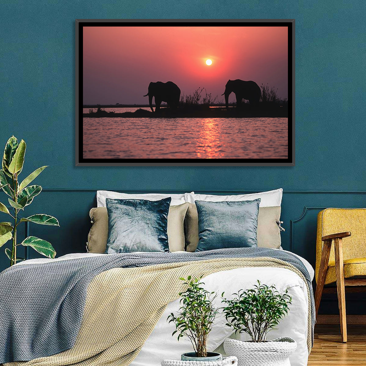 Elephants at Sunset Silhouette Wall Art in a room, landscape