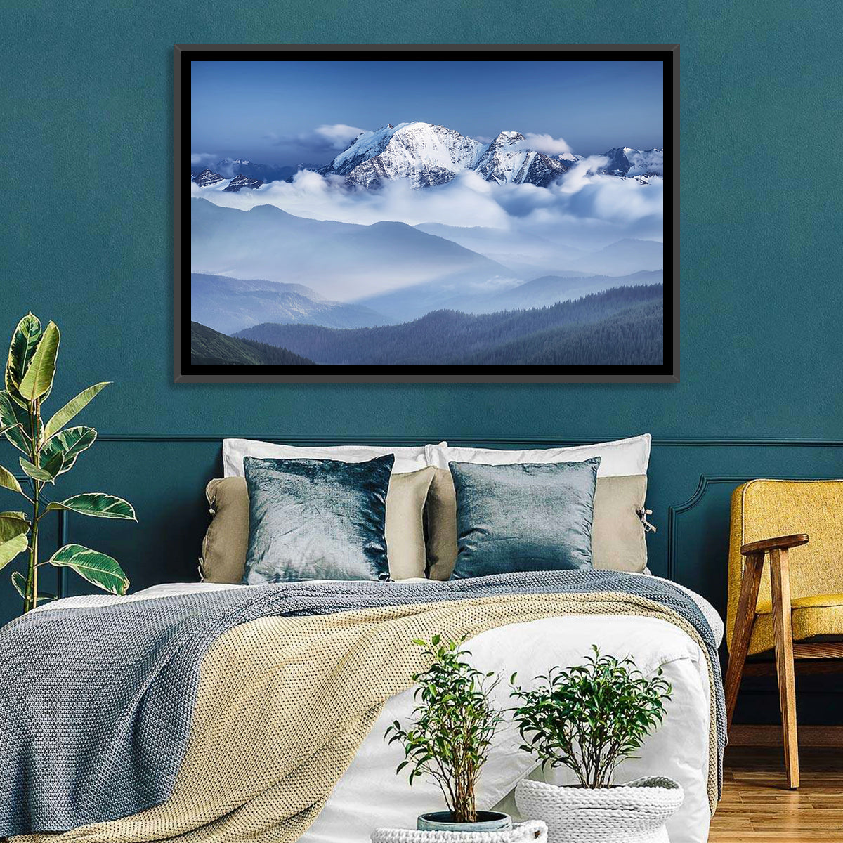 Snow-capped Peaks in Clouds Wall Art in a room, landscape