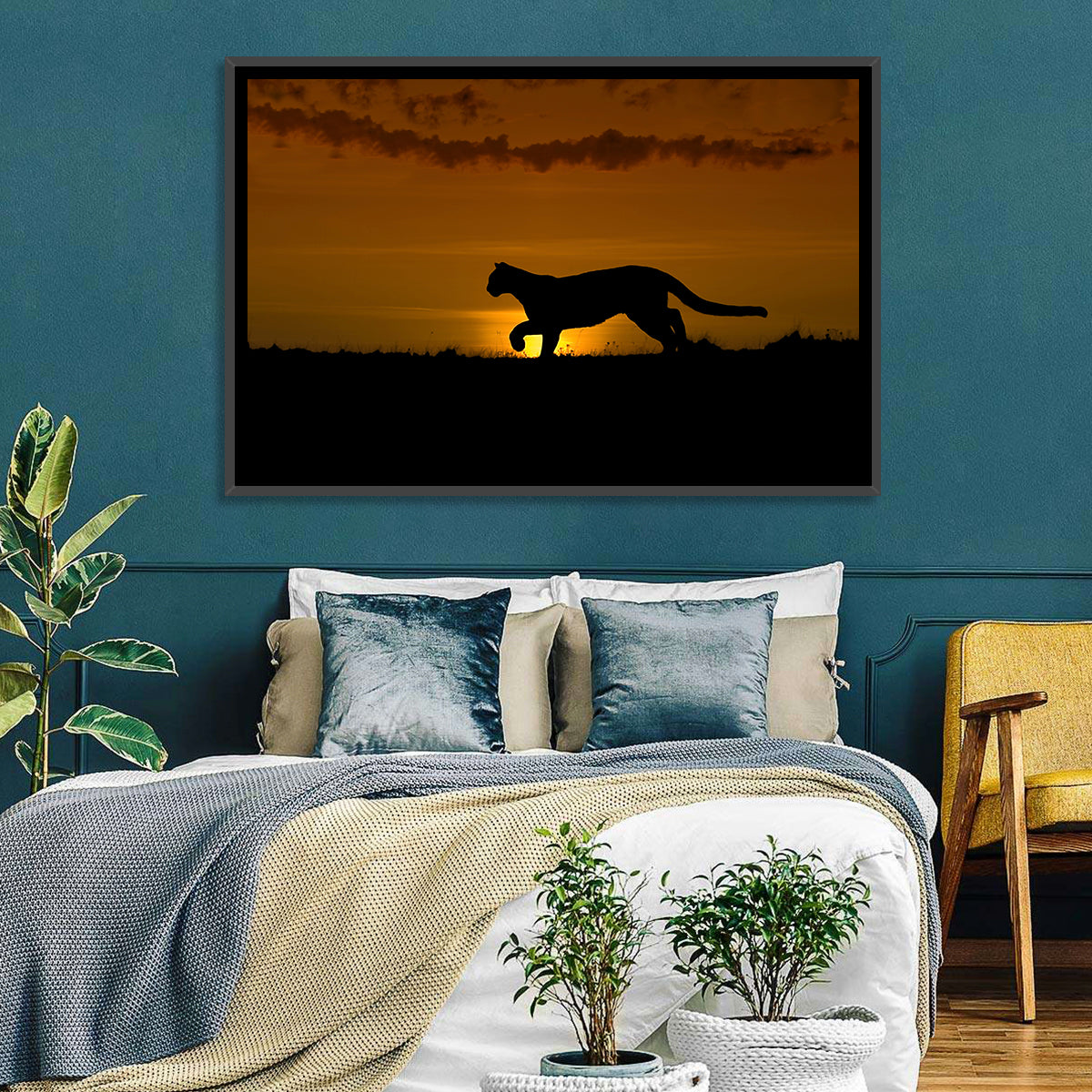 Cougar Silhouette at Sunset Wall Art in a room, landscape