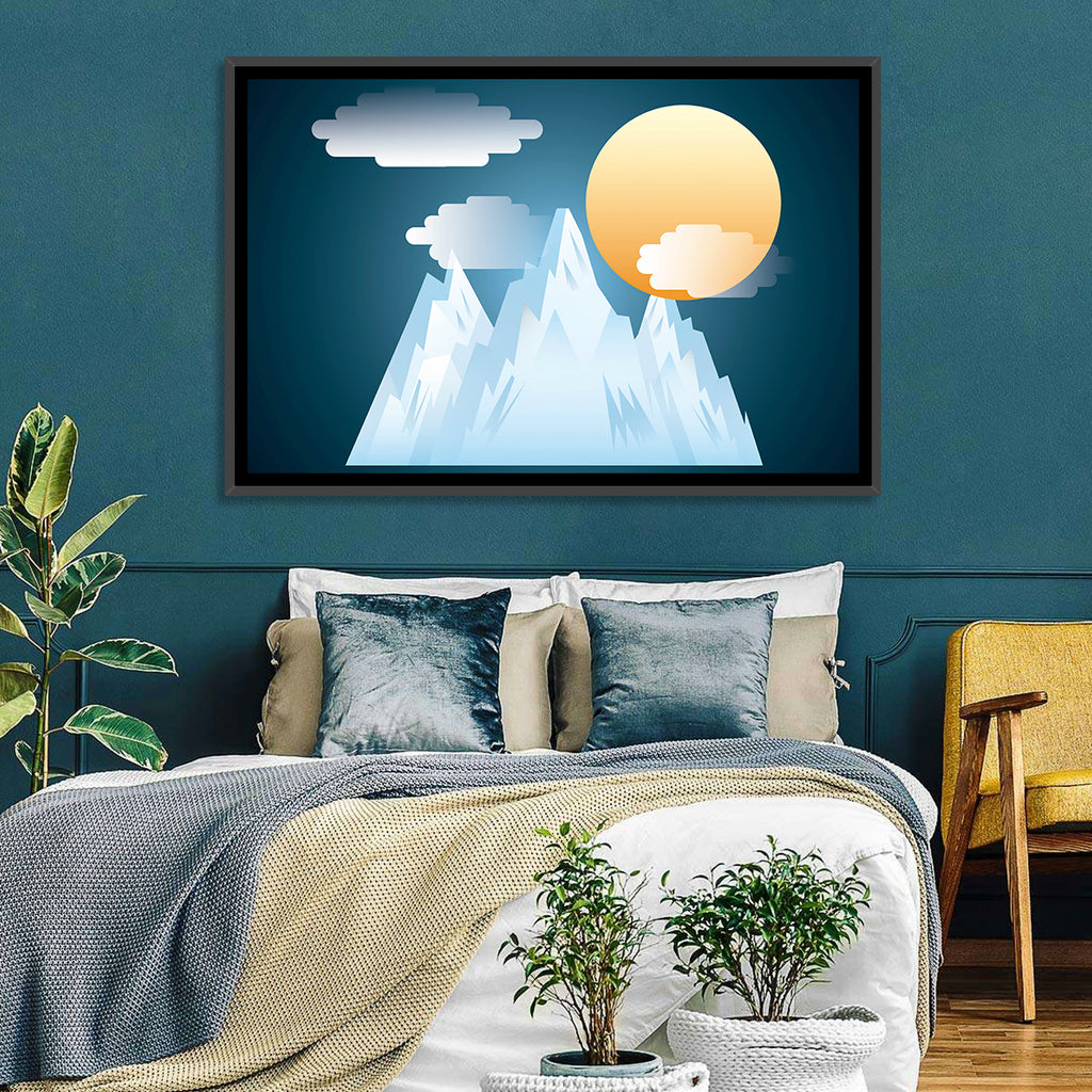 Geometric Snowy Mountain with Golden Sun Wall Art