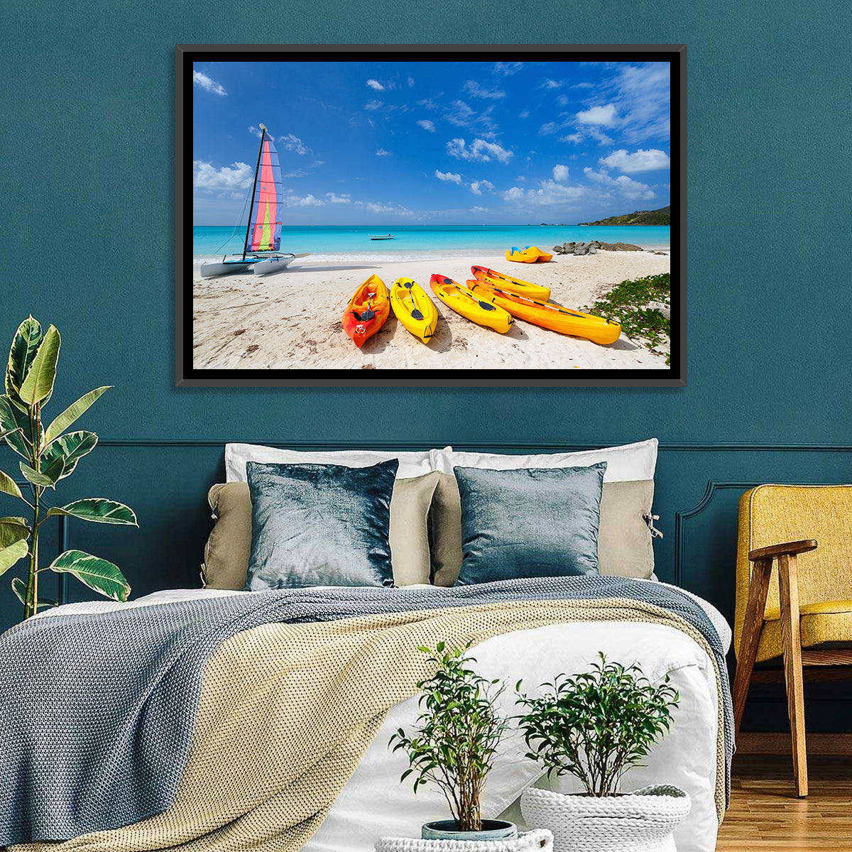Yellow Kayaks on Tropical Beach Wall Art in a room, landscape