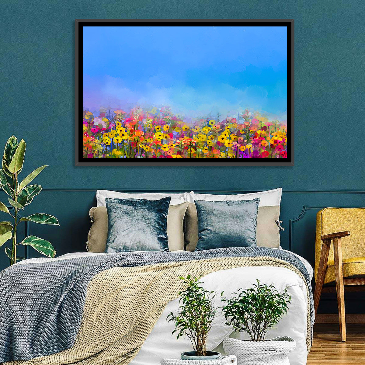 Cornflower and Daisy Meadow Wall Art in a room, landscape