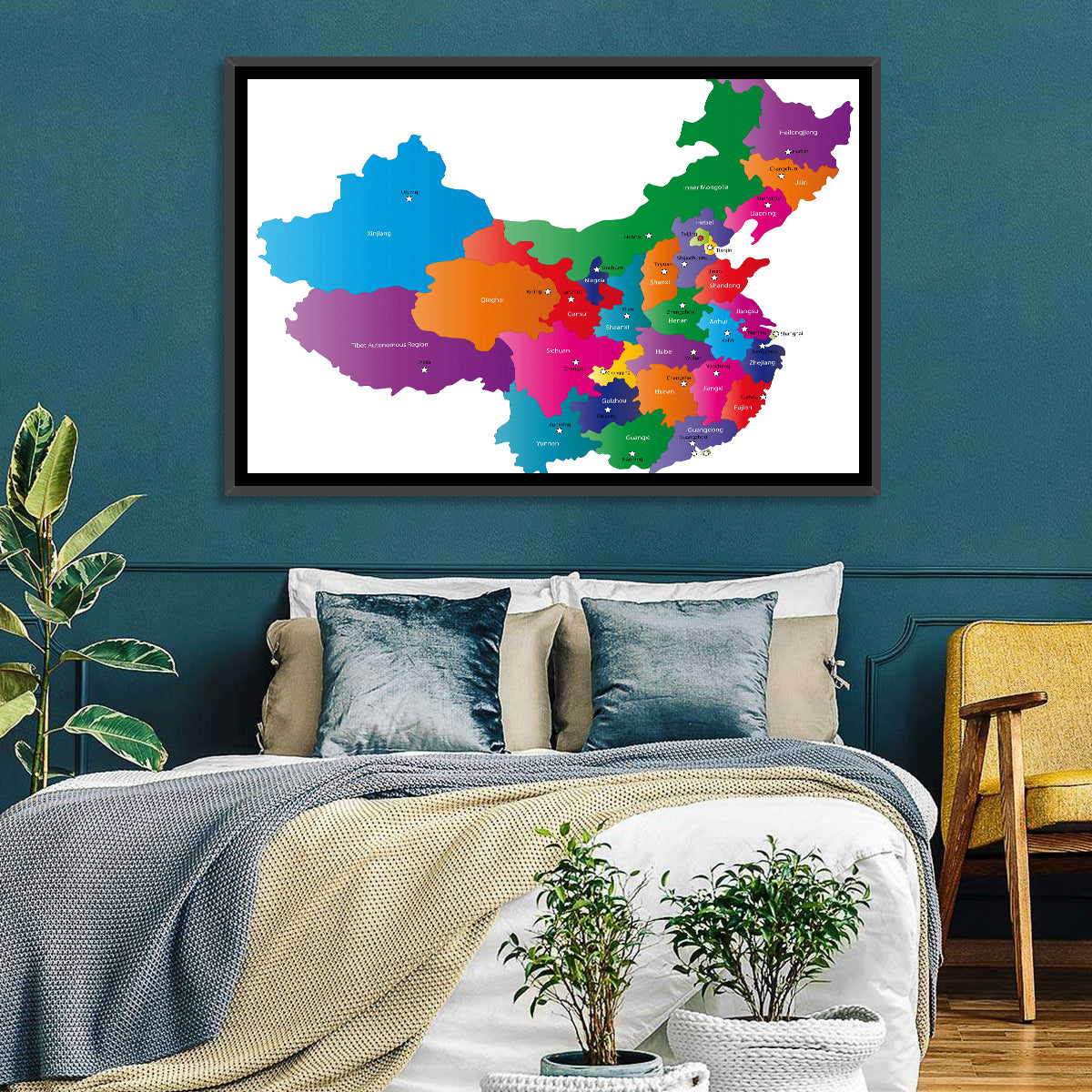 Colorful China Provinces Map Wall Art in a room, landscape