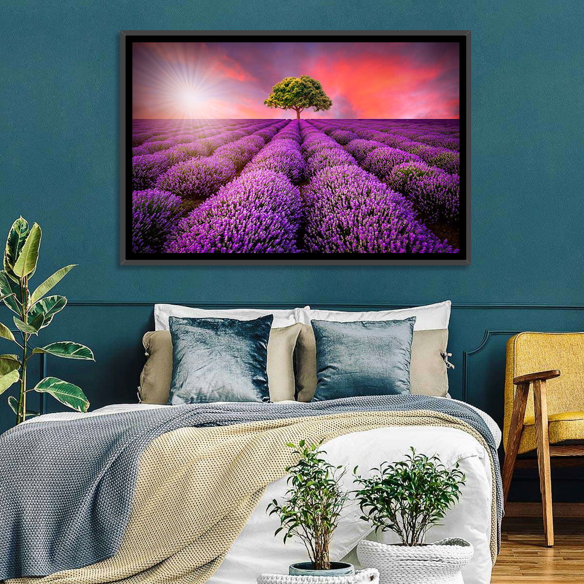 Sunset Over Lavender Fields Wall Art in a room, landscape