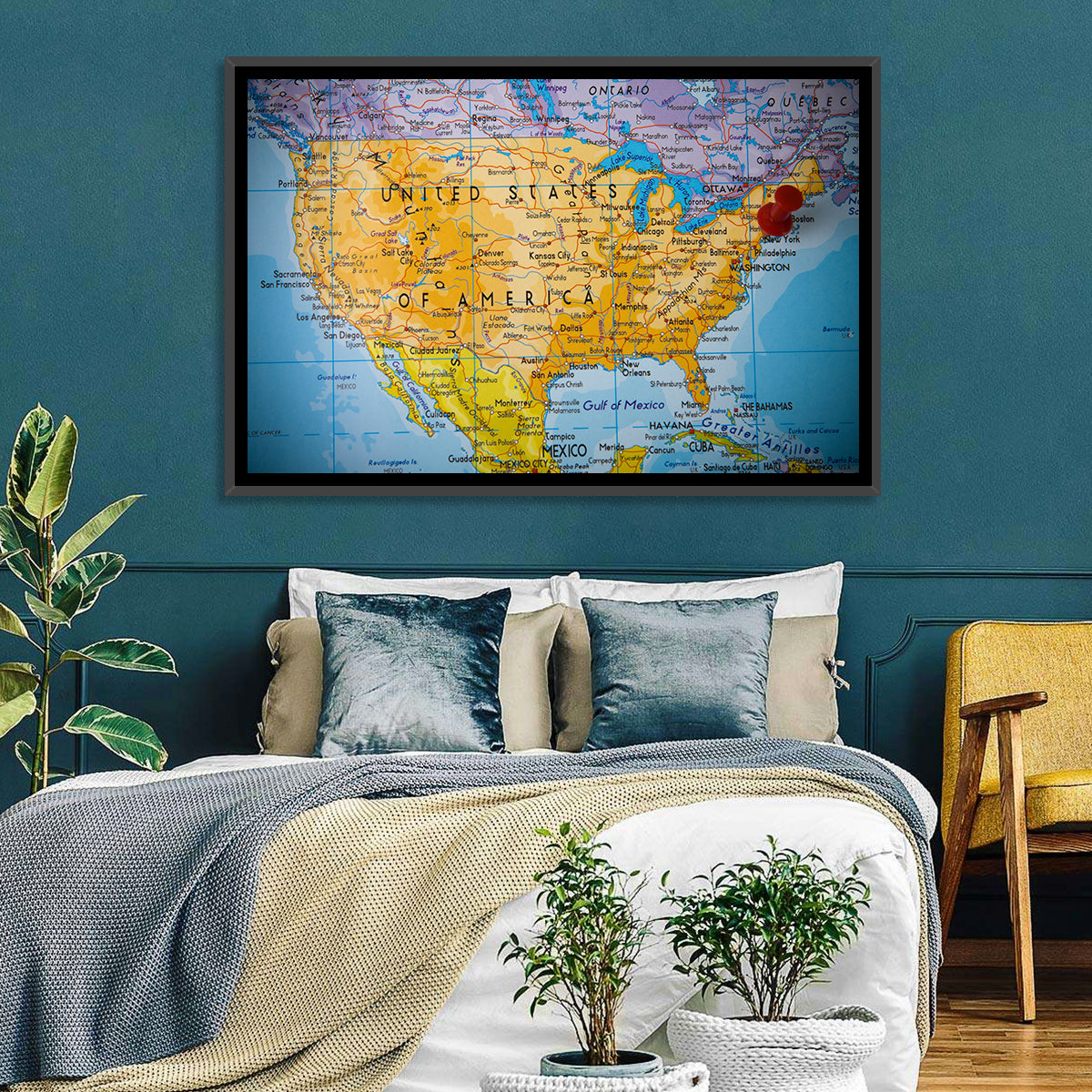 Vintage USA Map with Northeastern Pushpin Wall Art in a room, landscape