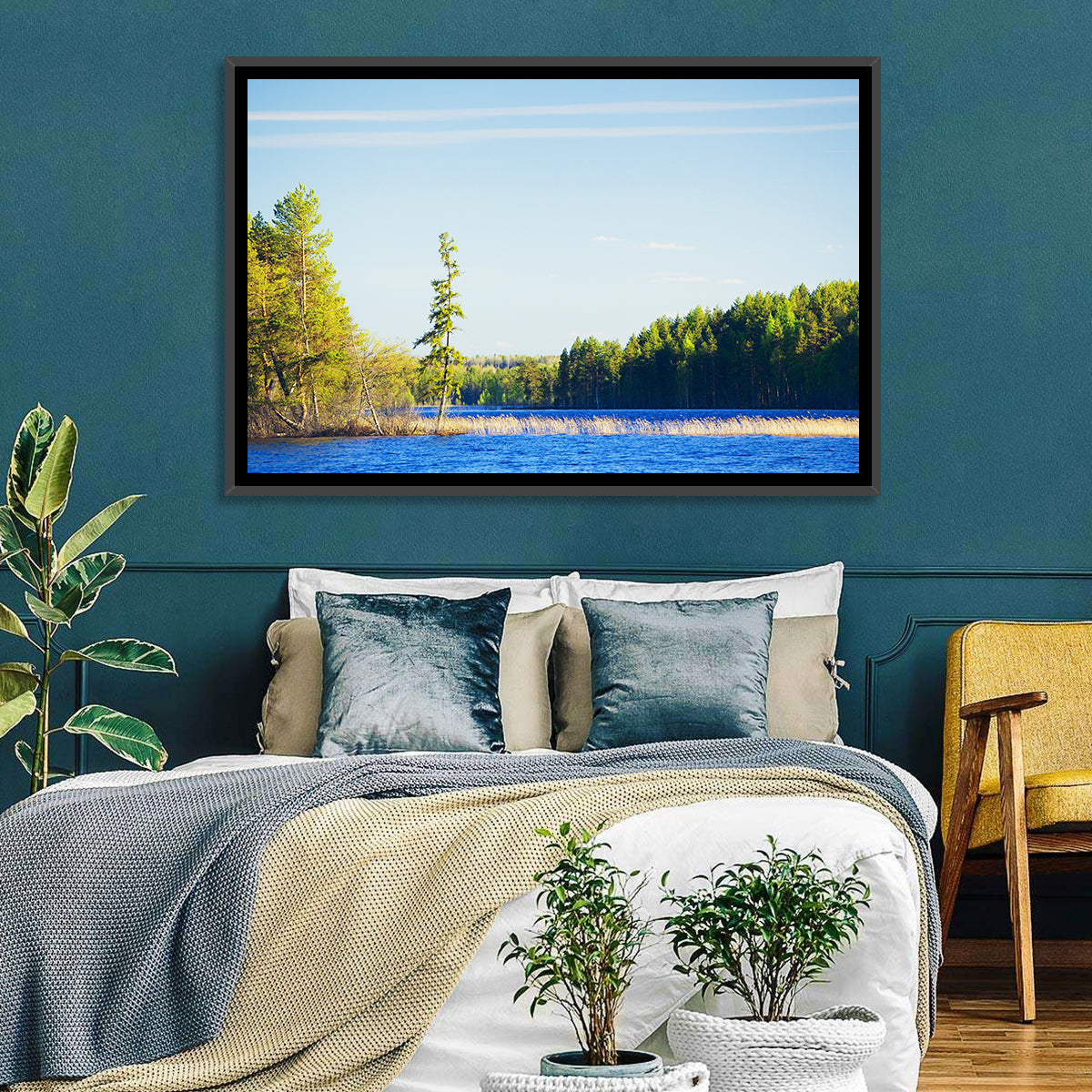 Summer Forest Lake Shoreline Wall Art in a room, landscape