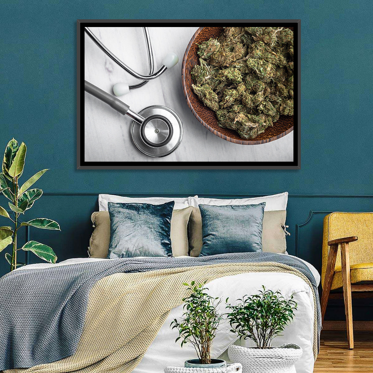 Stethoscope and Medical Cannabis Still Life Wall Art in a room, landscape
