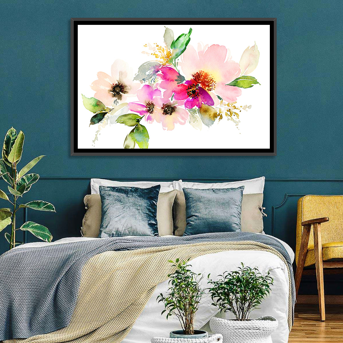 Delicate Pink Floral Watercolor Wall Art in a room, landscape