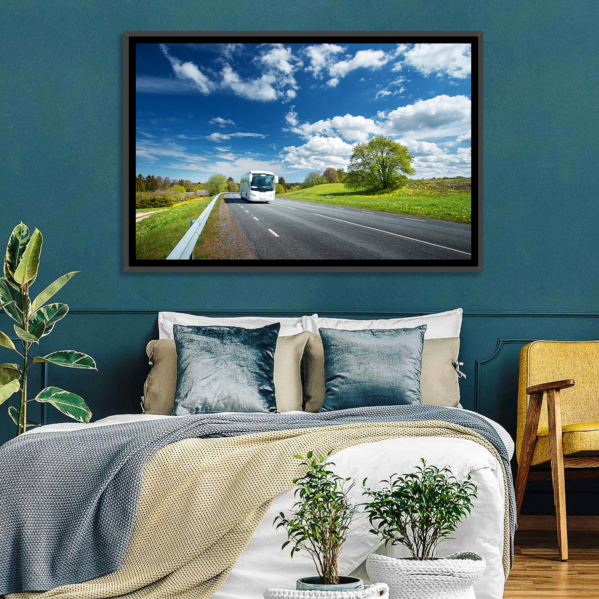 White Bus on Meadow Road Wall Art in a room, landscape