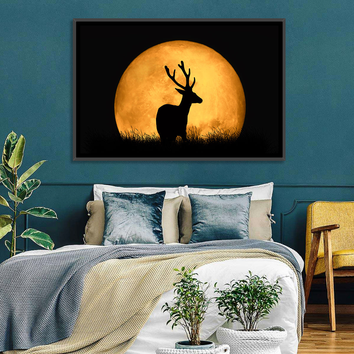 Buck Silhouette Under Red Moon Wall Art in a room, landscape