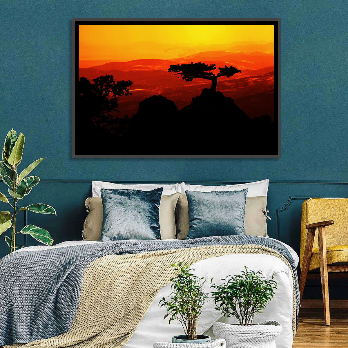 Gnarled Tree at African Sunset Wall Art in a room, landscape
