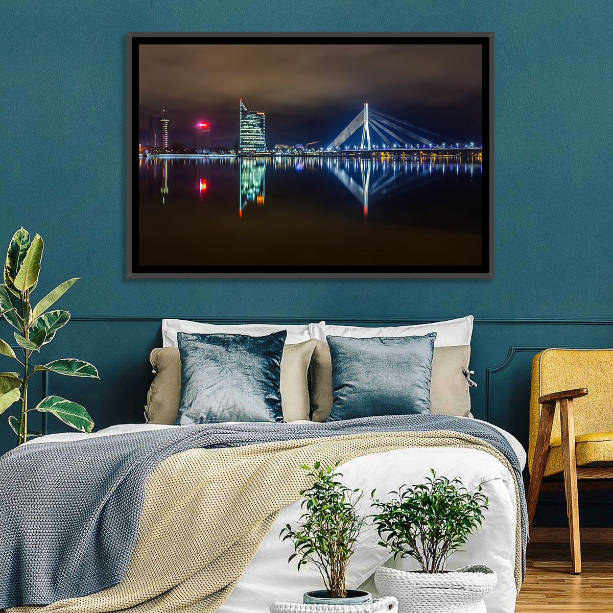 Vanšu Bridge Night Skyline Wall Art in a room, landscape