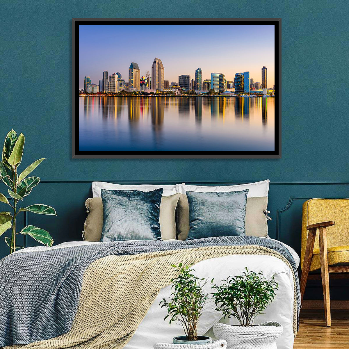 San Diego Skyline at Golden Dusk Wall Art in a room, landscape