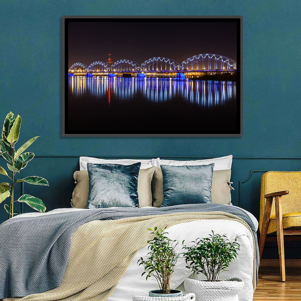 Riga Railway Bridge Nightscape Wall Art in a room, landscape