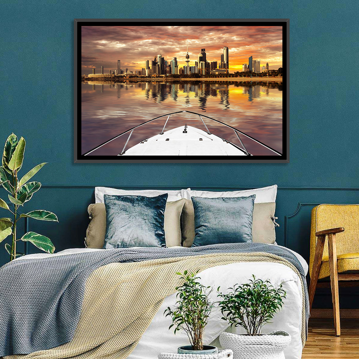 Kuwait City Skyline at Dusk Wall Art in a room, landscape