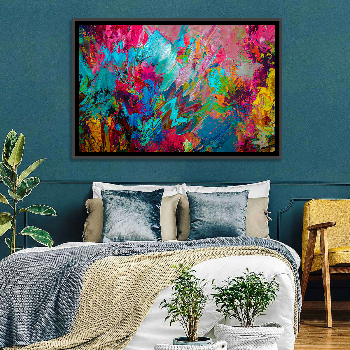 Vibrant Impasto Color Burst Abstract Wall Art in a room, landscape