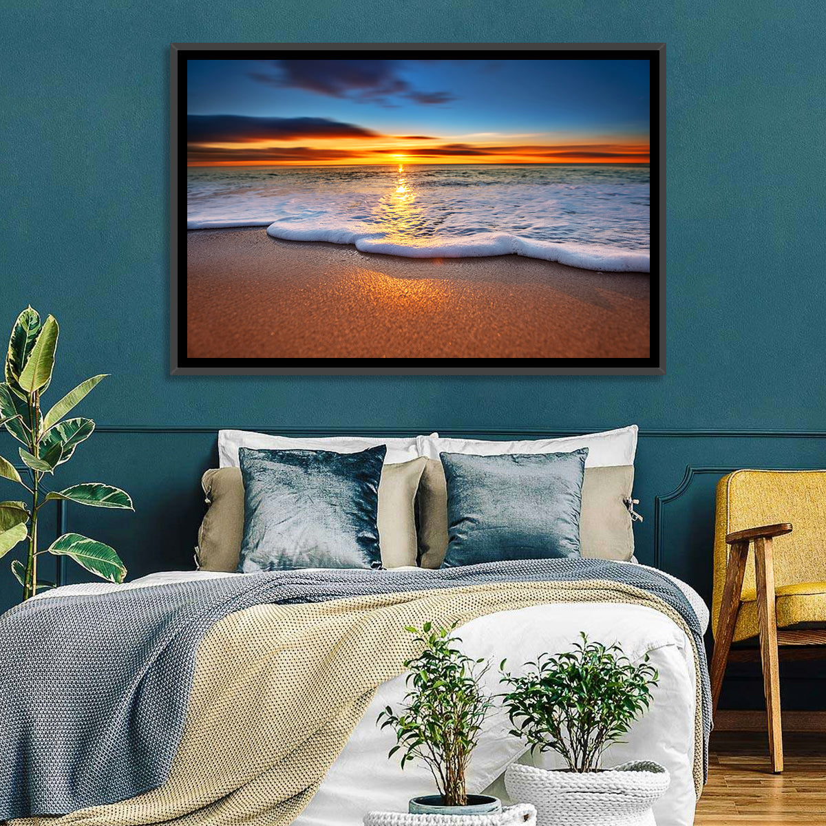 Sun Flare Beach Sunrise Wall Art in a room, landscape