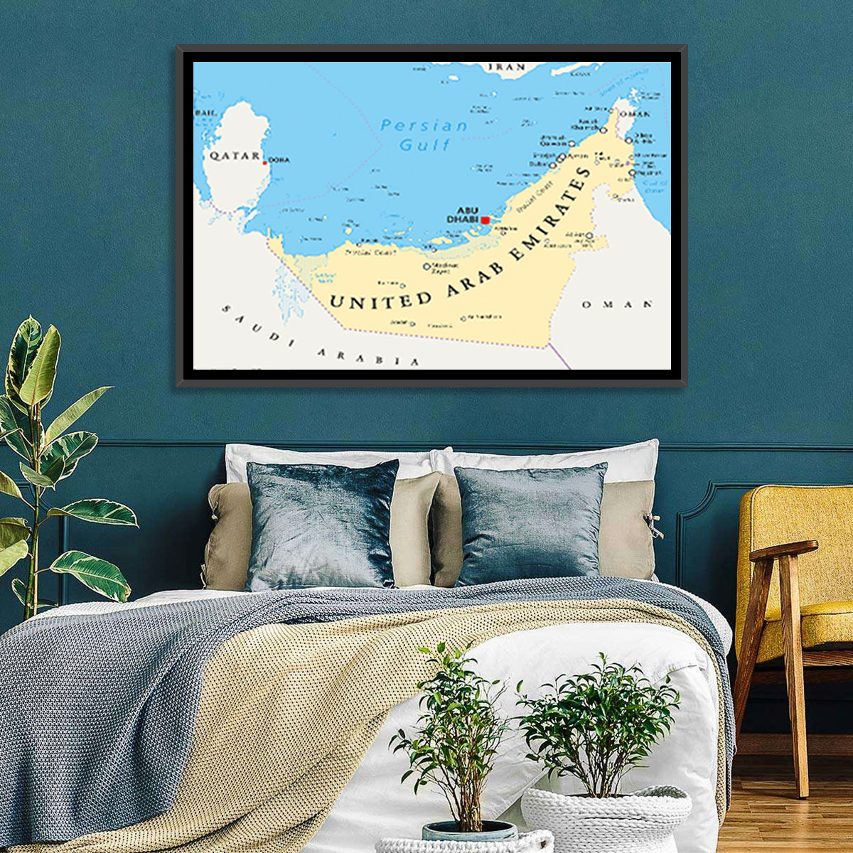 UAE Political Map Wall Art in a room, landscape