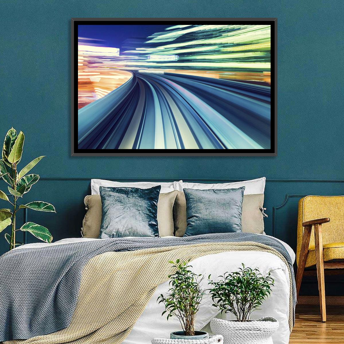 Curved Monorail Light Trails Wall Art in a room, landscape