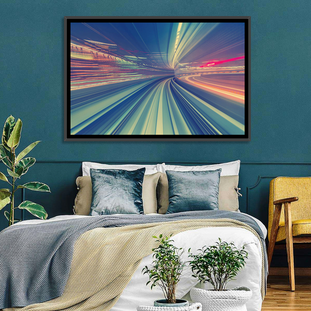 Monorail Night Light Trails Wall Art in a room, landscape