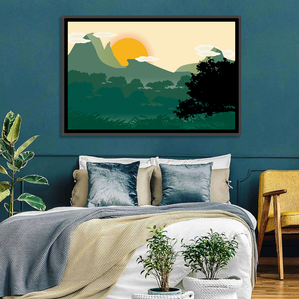 Geometric Mountain Forest Sunrise Wall Art in a room, landscape