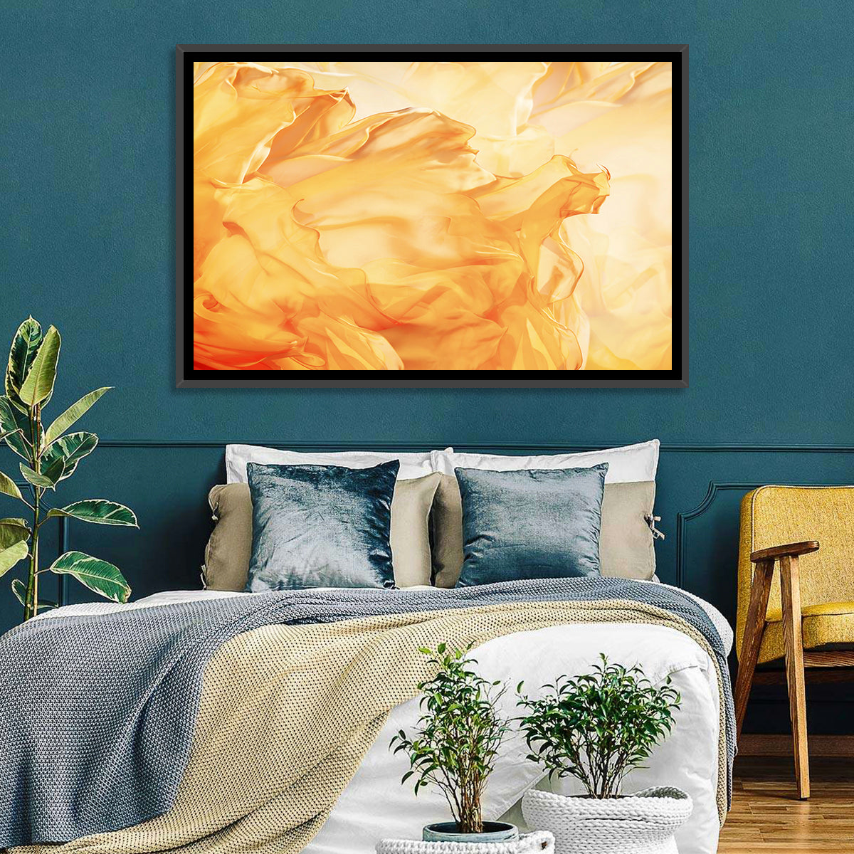 Golden Waving Cloth Abstract Wall Art in a room, landscape