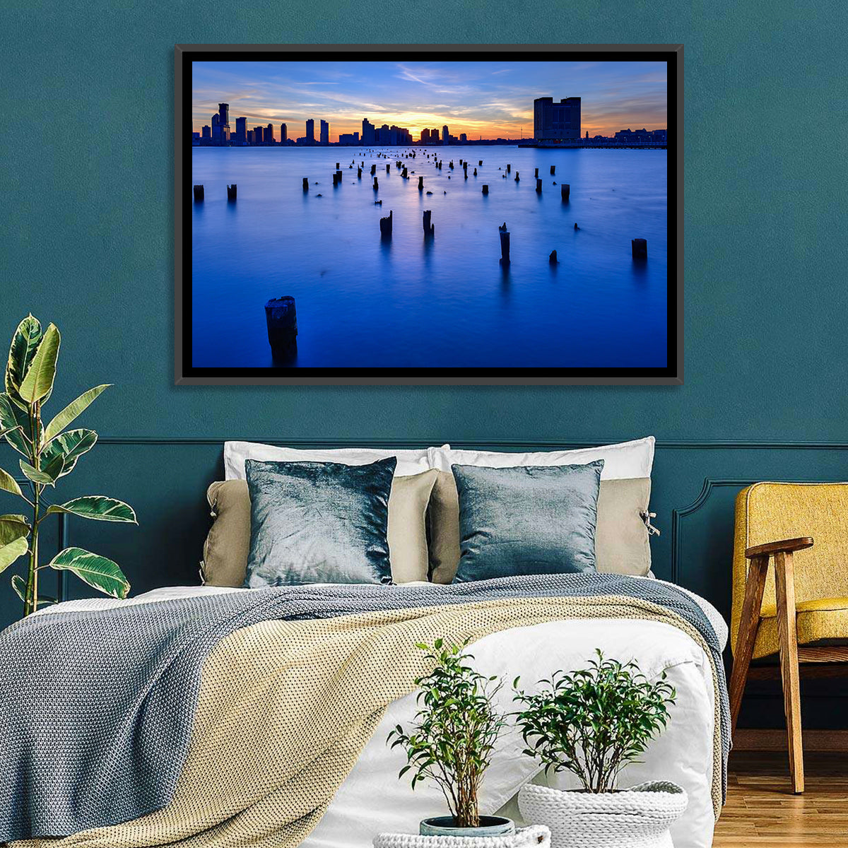 Jersey City Skyline at Dusk Wall Art in a room, landscape