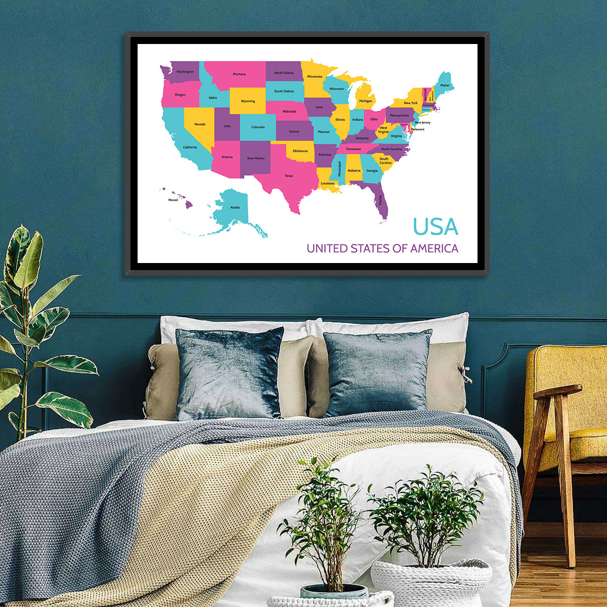 Detailed United States Map Wall Art in a room, landscape