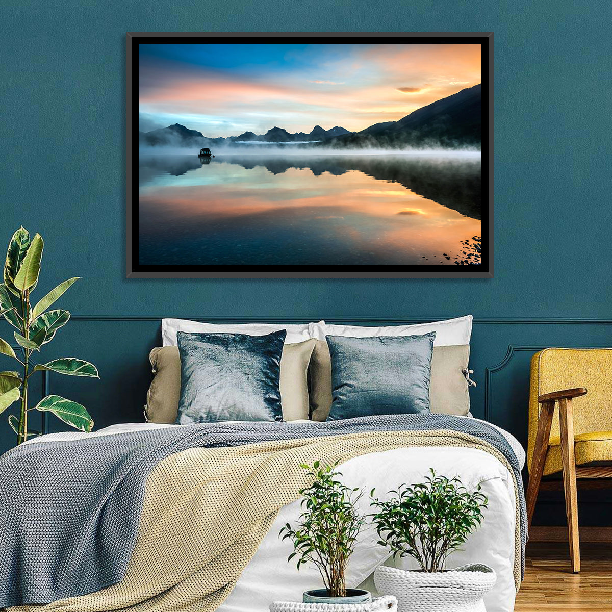 Lake Mcdonald Dawn Mist Wall Art in a room, landscape