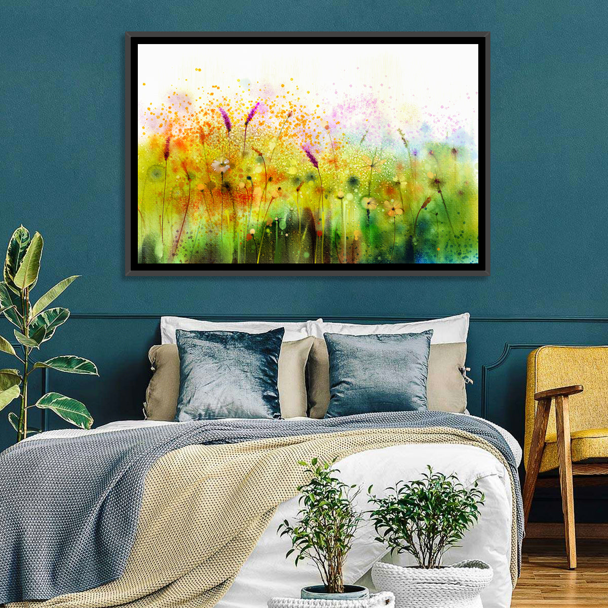 Cosmos Wildflowers Watercolor Wall Art in a room, landscape