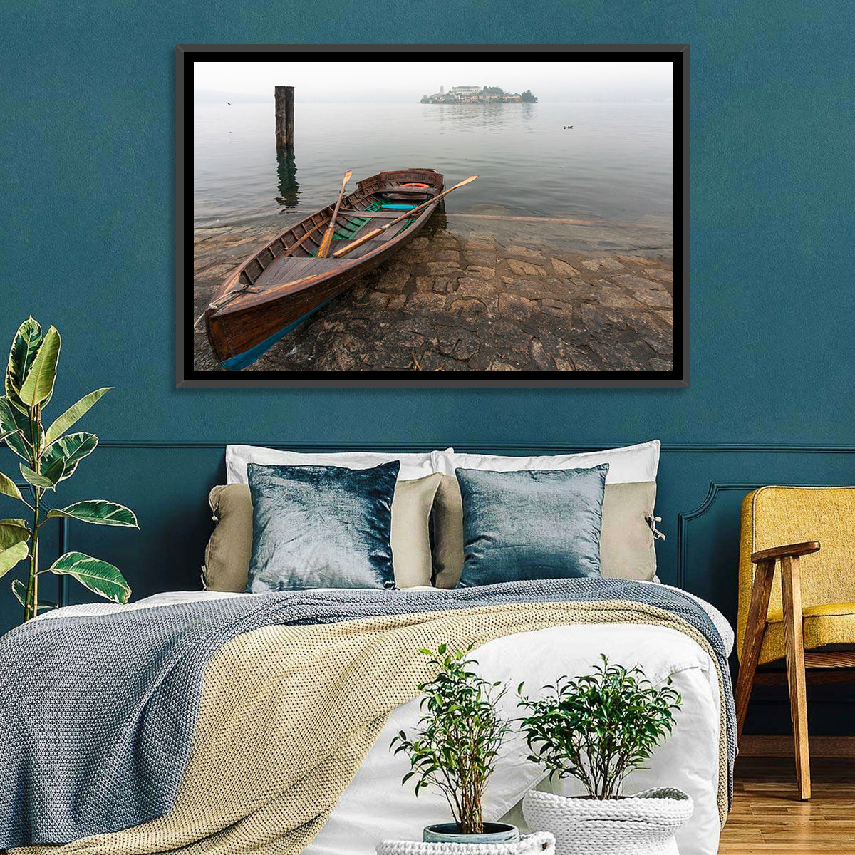 Rowboat on Lake Orta Wall Art in a room, landscape
