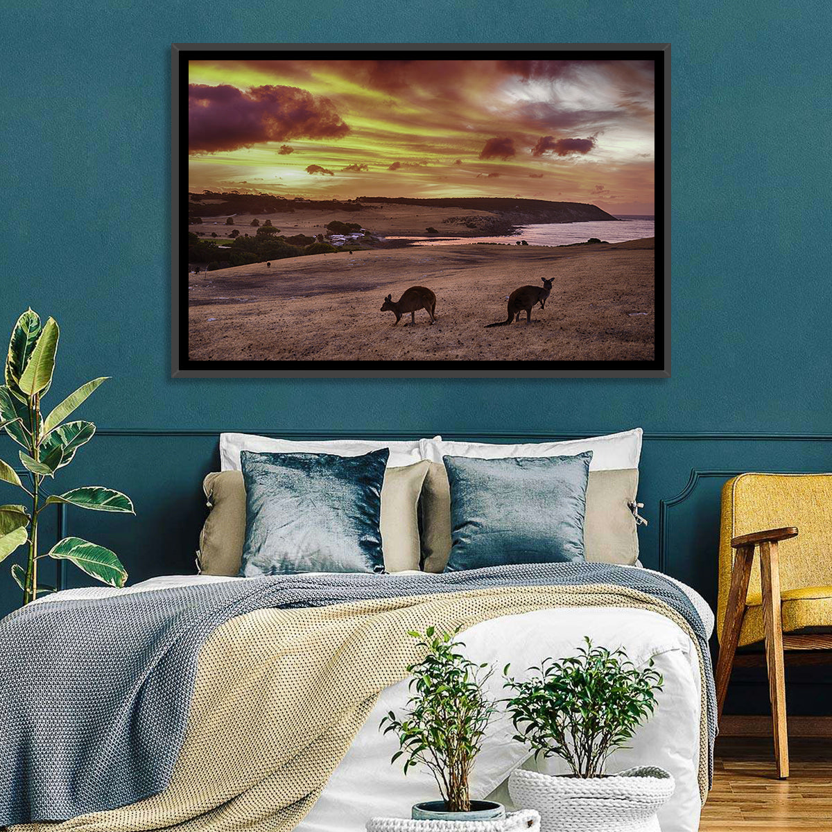 Two Kangaroos at Sunset Coast Wall Art in a room, landscape