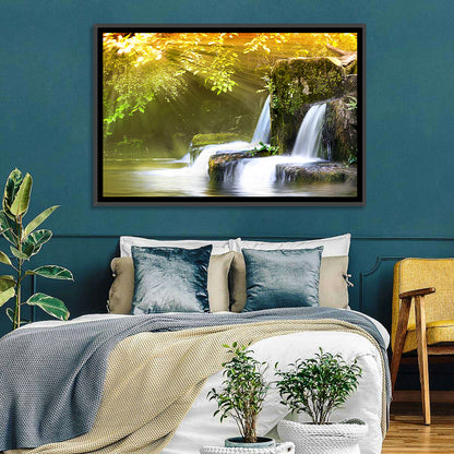 Sunlit Forest Waterfall Wall Art