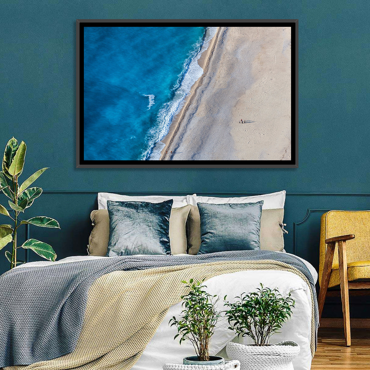 Myrtos Beach Aerial View Wall Art in a room, landscape