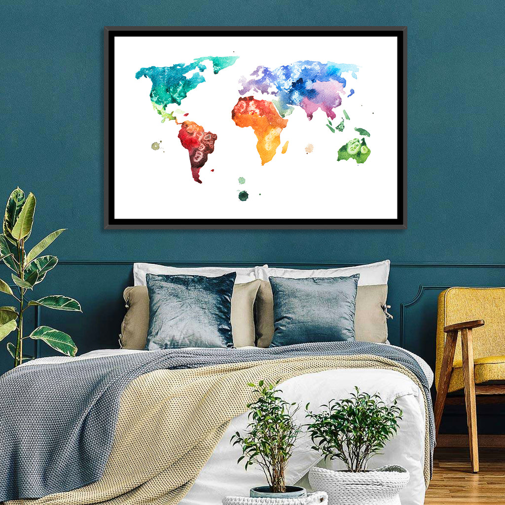 Multicolor Watercolor World Map Wall Art