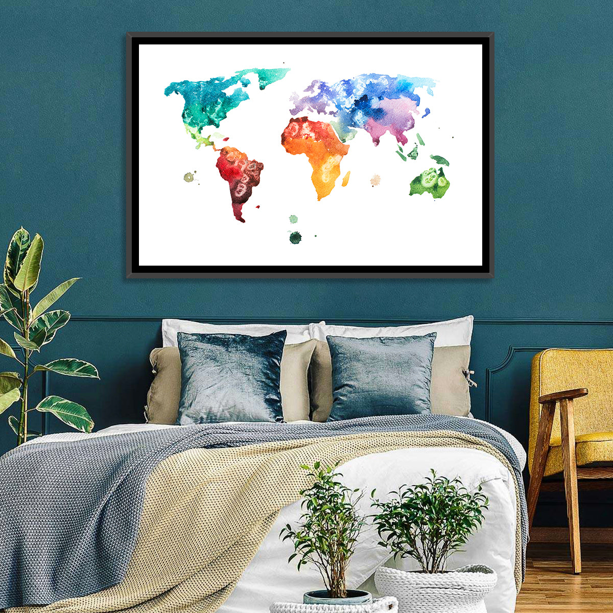 Multicolor Watercolor World Map Wall Art in a room, landscape