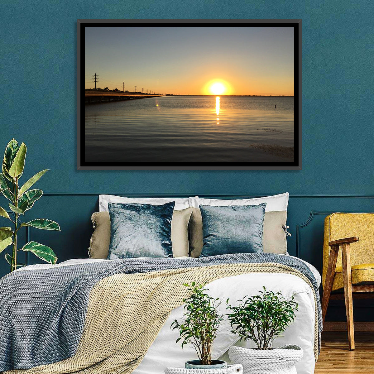Lake Ray Hubbard Sunset Reflection Wall Art in a room, landscape