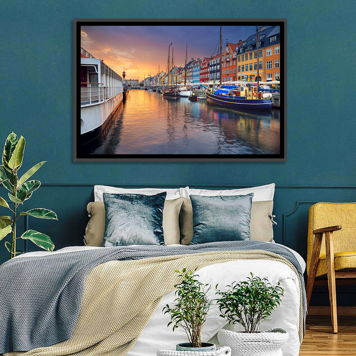 Nyhavn Canal at Sunset Wall Art in a room, landscape