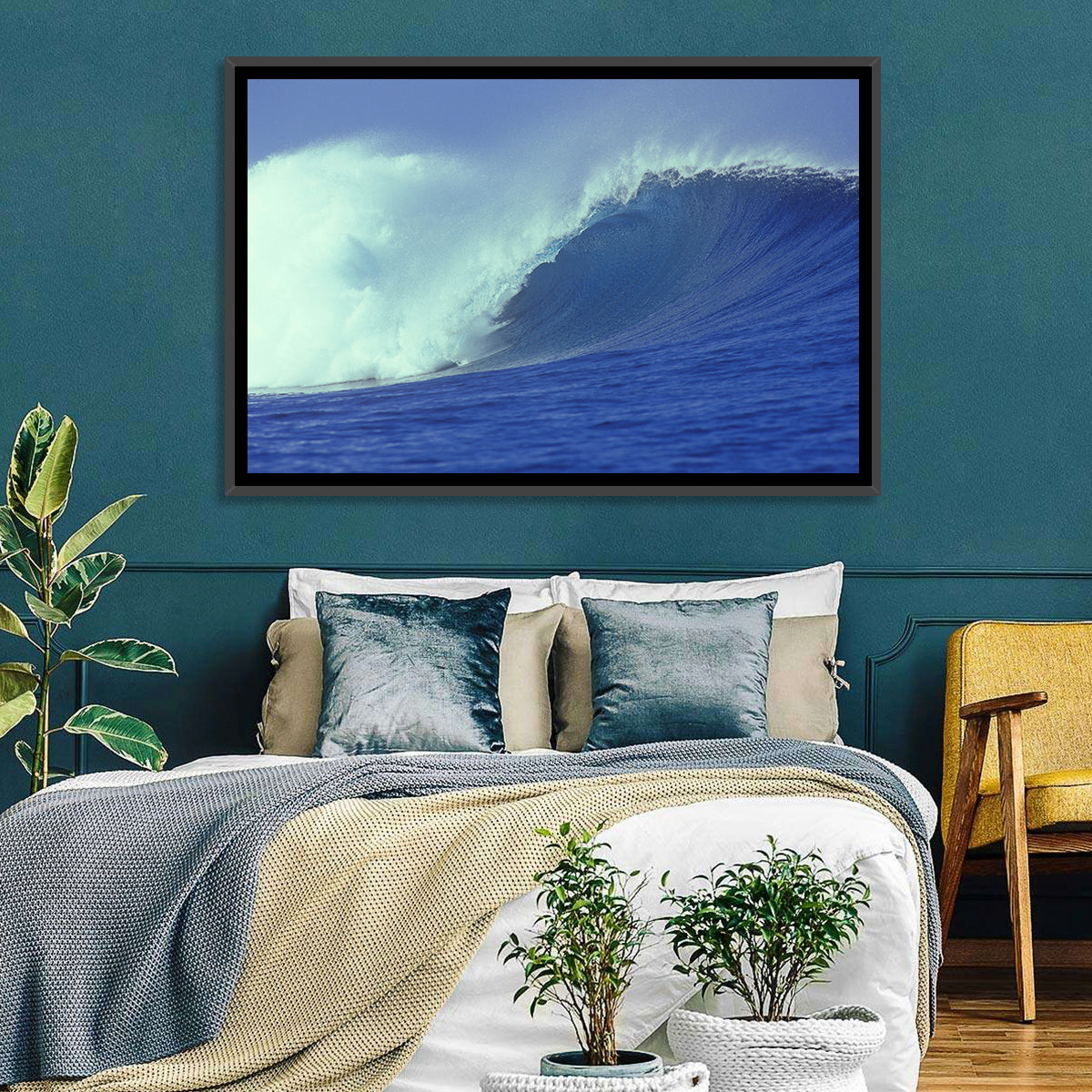 Deep Blue Barrel Wave Wall Art in a room, landscape