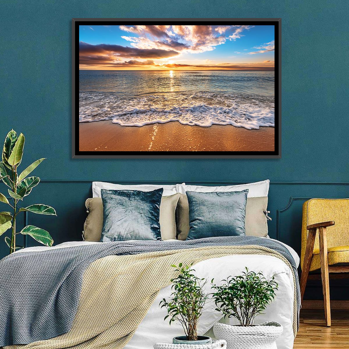 Golden Beach Sunrise Wall Art in a room, landscape
